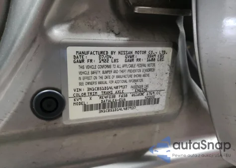 2004 Nissan Sentra 1.8 z USA, uszkodzony, nr VIN 3N1CB51D14L487937